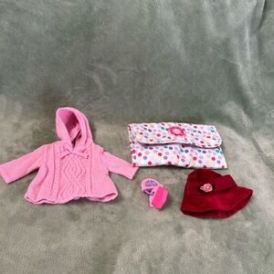 American Girl Bitty Baby Lot Pink Sweater Hat Key Toy Changing Pad Rosy Red Hat